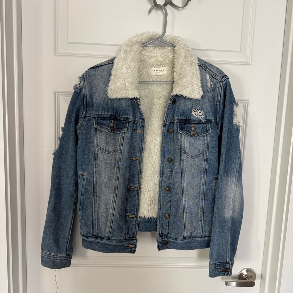 blue denim jacket with faux fur lining